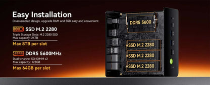 GMKtec K12 Mini PC AMD Ryzen 7 H 255 Windows 11 Pro DDR5 5600Mhz PCie3.0 NVMe SSD Wifi6E BT5.2 Quad Screen Display Oculink