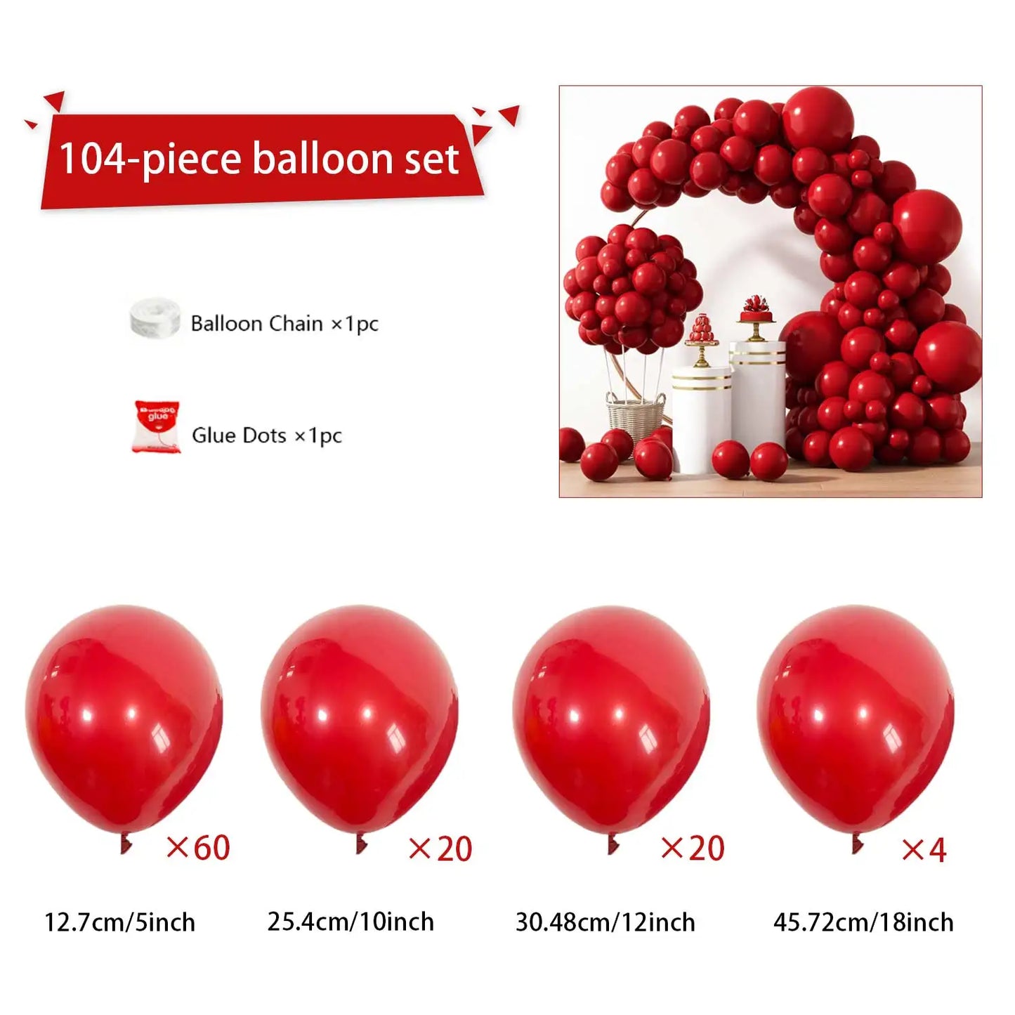 104 Pieces Ruby Red Balloon Red Garland Arch Set with Different Sizes, Suitable for Birthday, Wedding, Valentine's Day