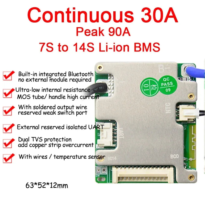 JBD BMS Auto-Identify 7S 8S 10S 12S 13S 14S 20A 30A 40A 50A LiFePo4 Smart BMS 24V 36V 48V Battery Management System for E-Bike