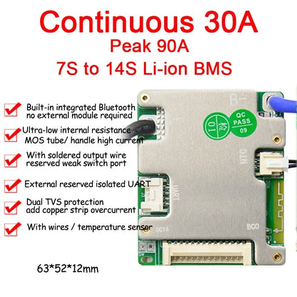JBD BMS Auto-Identify 7S 8S 10S 12S 13S 14S 20A 30A 40A 50A LiFePo4 Smart BMS 24V 36V 48V Battery Management System for E-Bike