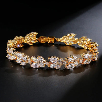 ZAKOL Luxury AAA Cubic Zirconia Wedding Bracelets for Women High Quality White Gold Color Leaf Charm Bracelet Bangles