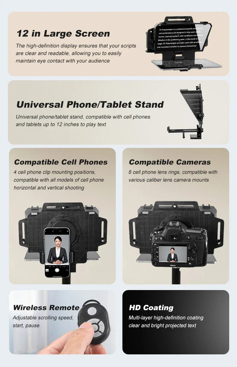 Soonpho F7 F8 Teleprompter for Tablet Laptop Smartphone Camera Bluetooth Portable Telepronter for Live Streaming Recording Video