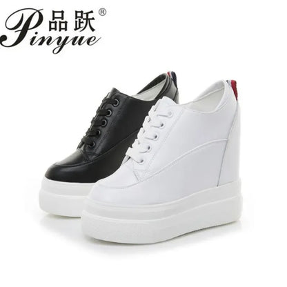 Genuine leather 10cm Increase Flat Platform Shoes Female Thick Sole Students Casual Shoes Woman  Lace Up Solid   Women Shoes