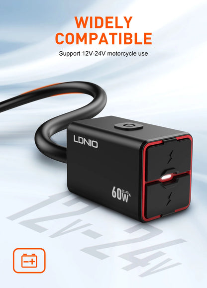 LDNIO Motorcycle USB C Fast Charger PD+QC3.0 60W Waterproof Socket Type C Cell Phone 12V/24V Vehicle-Mounted Charger Adapter