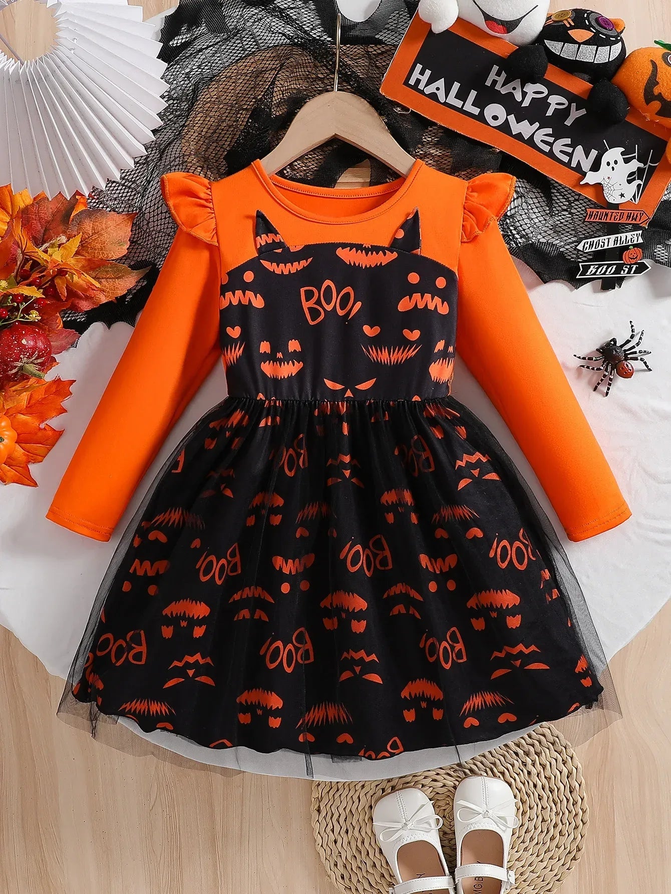 Prowow 2-8Y Kids Purple Halloween Dresses For Girls Long Sleeve Princess Mesh Spooky Spider Dress Children Halloween Costumes