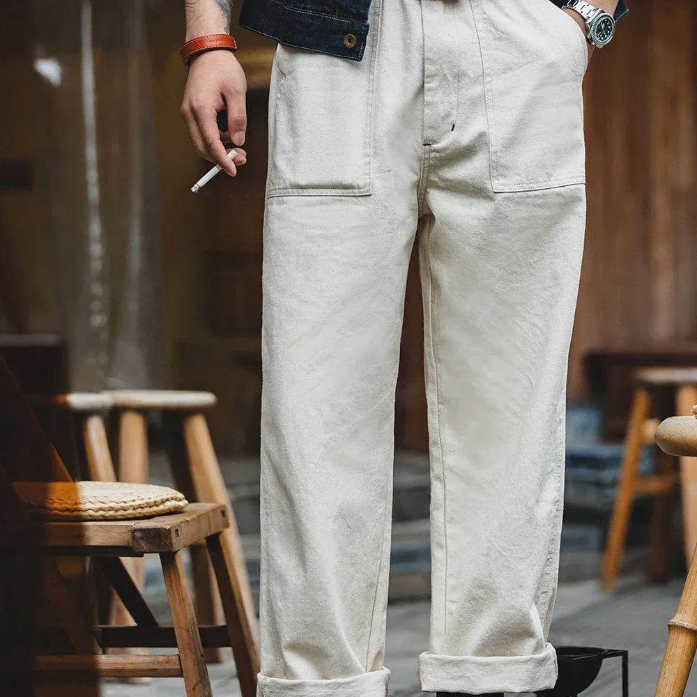 Maden Retro Cotton Seed Shell White Denim Jeans 11.2OZ Loose Straight Long Pants Cargo Pants Sweatpants Men Causal Trousers