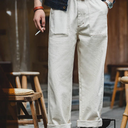 Maden Retro Cotton Seed Shell White Denim Jeans 11.2OZ Loose Straight Long Pants Cargo Pants Sweatpants Men Causal Trousers