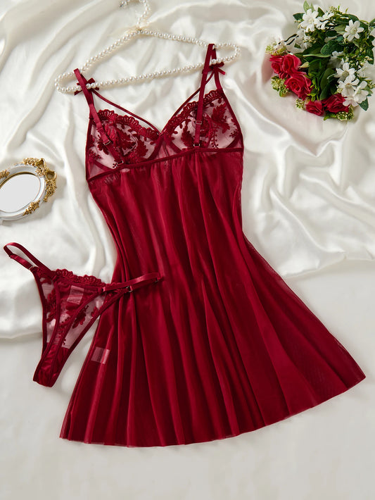 Wine Red Ladies' countryside style wheat ear embroidery semi transparent nightgown, elegant and comfortable, bow design ZA825066 by PDG ibma