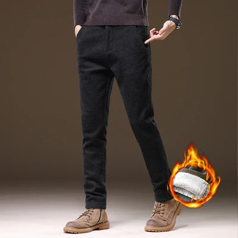 Casual Pants Men Winter New Fleece Business Elastic Waist Slim Korean Warm Thick Brushed Plush Trousers Male 28-38
