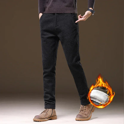 Casual Pants Men Winter New Fleece Business Elastic Waist Slim Korean Warm Thick Brushed Plush Trousers Male 28-38