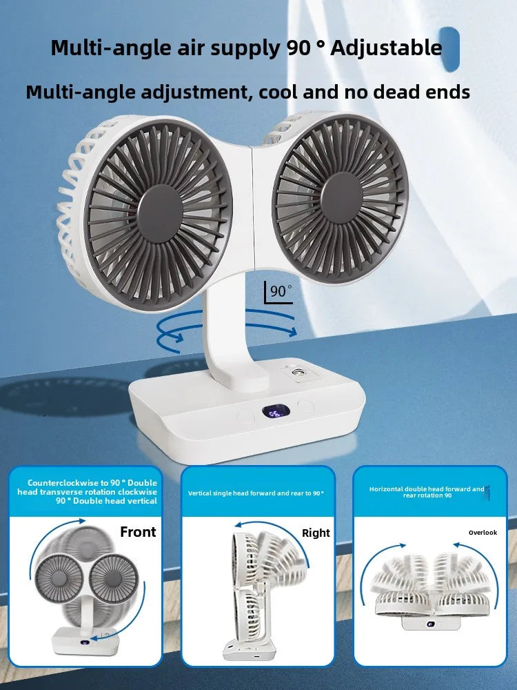 2024 New Multi-Function Double-Head Shaking Fan 4-Gears Adjustable High-Definition Digital Display Night Lights Portable Fan