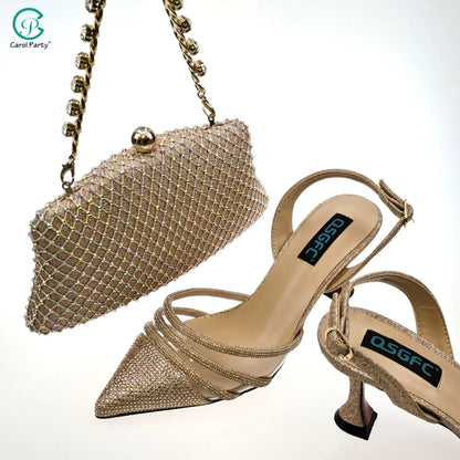 QSGFC African Women's Fashion Crystal Square Button Pointed High Heels Water Diamond Shiny Wine Color Sandal Bag Set