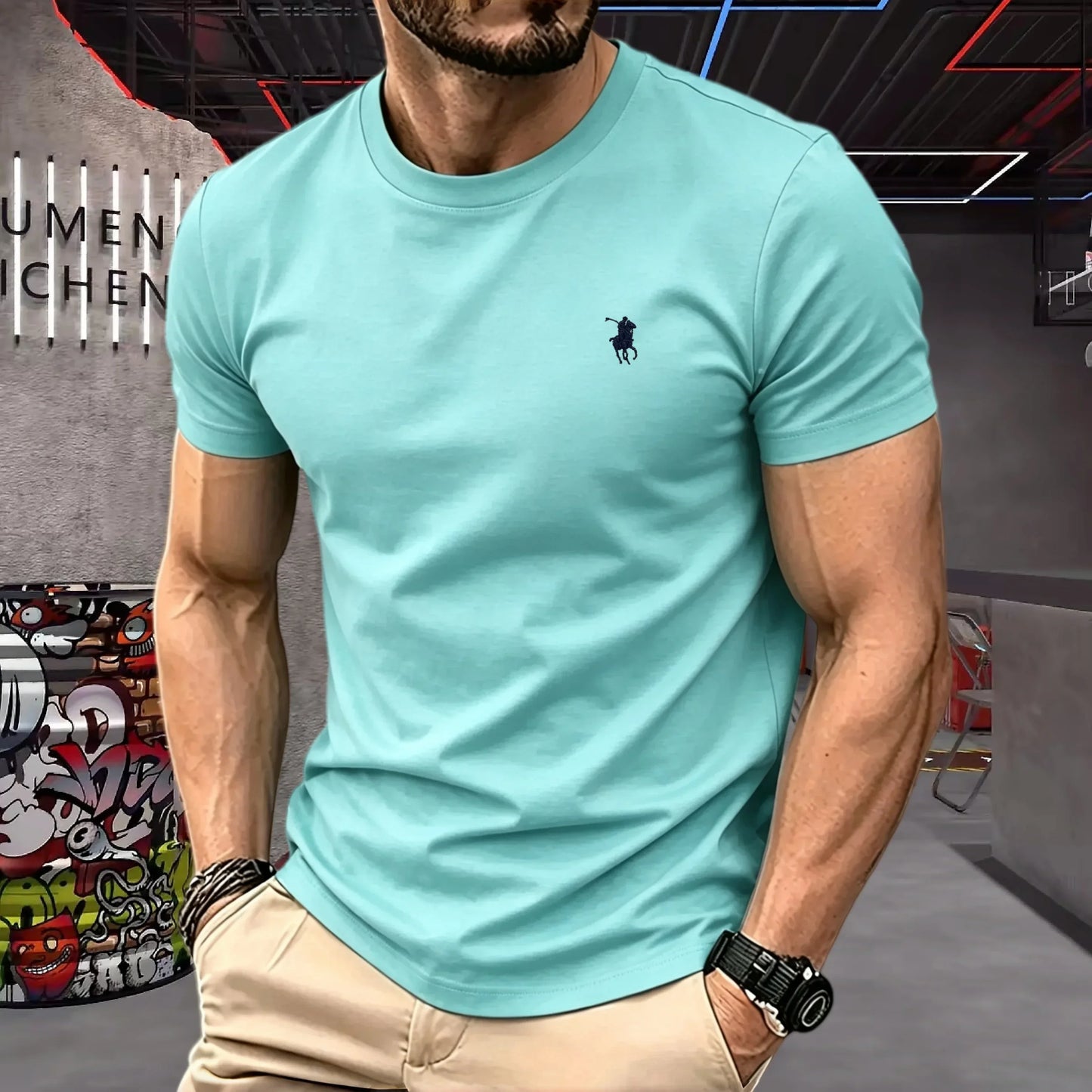 100% pure cotton 2026 high-end brand men's short sleeved round neck top summer fashion luxury pony embroidery top sports T-shirt
