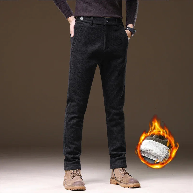 Casual Pants Men Winter New Fleece Business Elastic Waist Slim Korean Warm Thick Brushed Plush Trousers Male 28-38