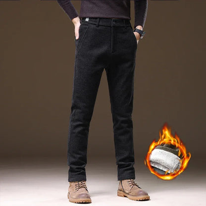 Casual Pants Men Winter New Fleece Business Elastic Waist Slim Korean Warm Thick Brushed Plush Trousers Male 28-38