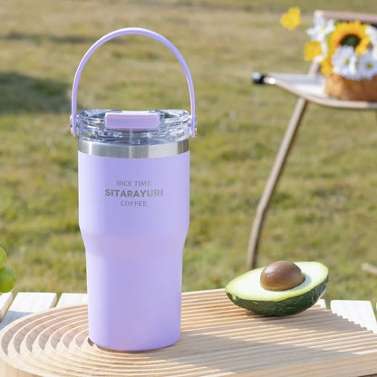 JUSTINLAU 600/900ml Insulated Cups Stainless Steel Double-drinking Thermos Cup with Handle& Straw Sports Bottle Car Ice Tumbler