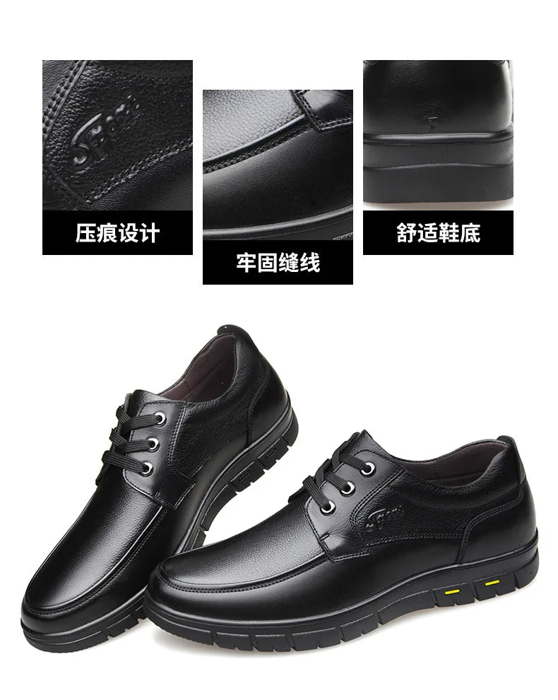 Autumn Men's Leather Shoes True Cowhide Flat Bottom Anti-Slip Plus Size Casual Elderly Father Shoes Rubber Sole China Made