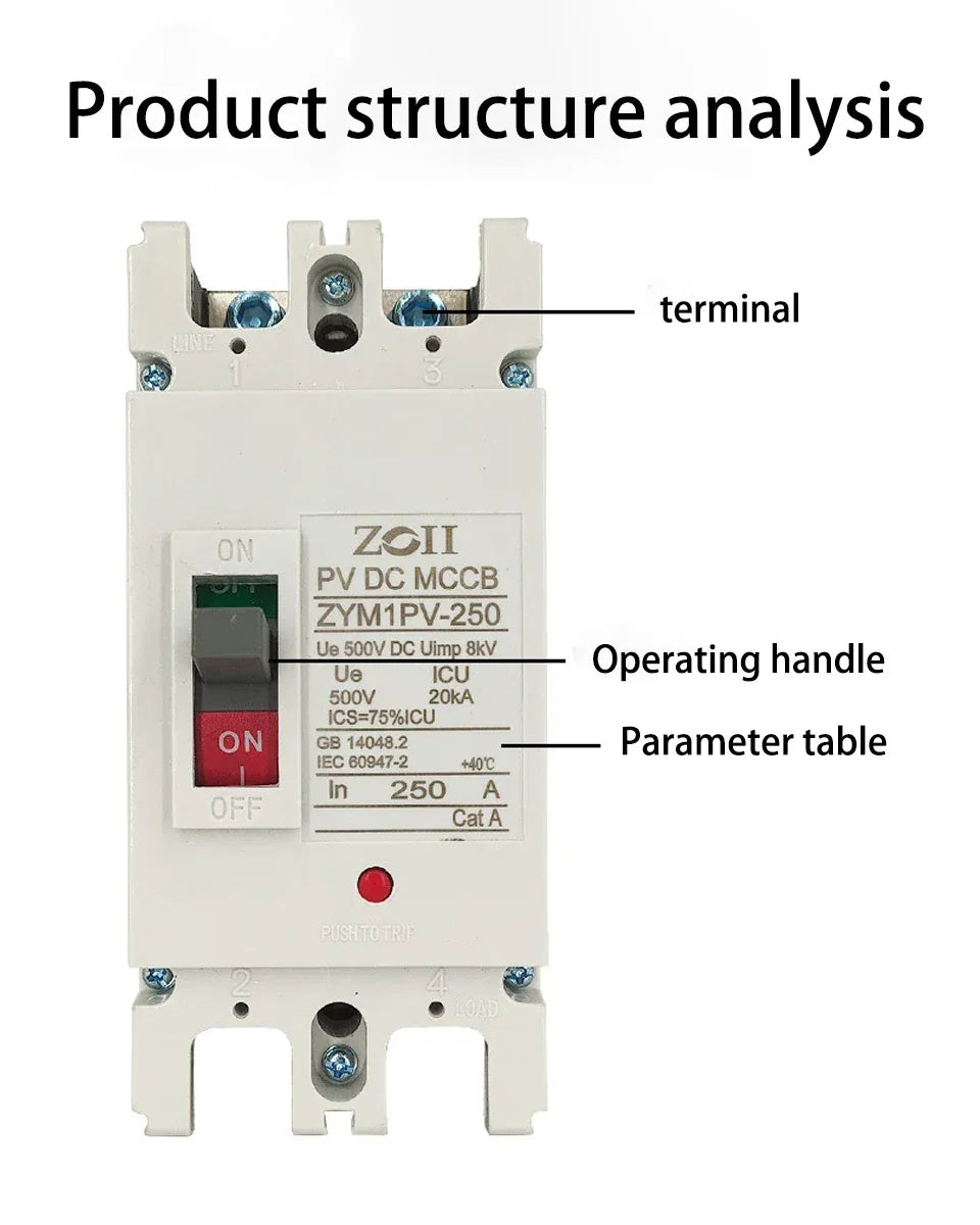 Solar Molded Case DC Circuit Breaker MCCB Overload Protection Switch Protector Solar Photovoltaic PV 150A 250A Battery Isolator