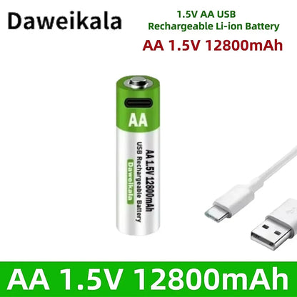 2025 New AA 1.5V USB Rechargeable Li-ion Battery 12800mAh Battery W/Type-C Cable for Toy Remote Control Mouse Electric Battery