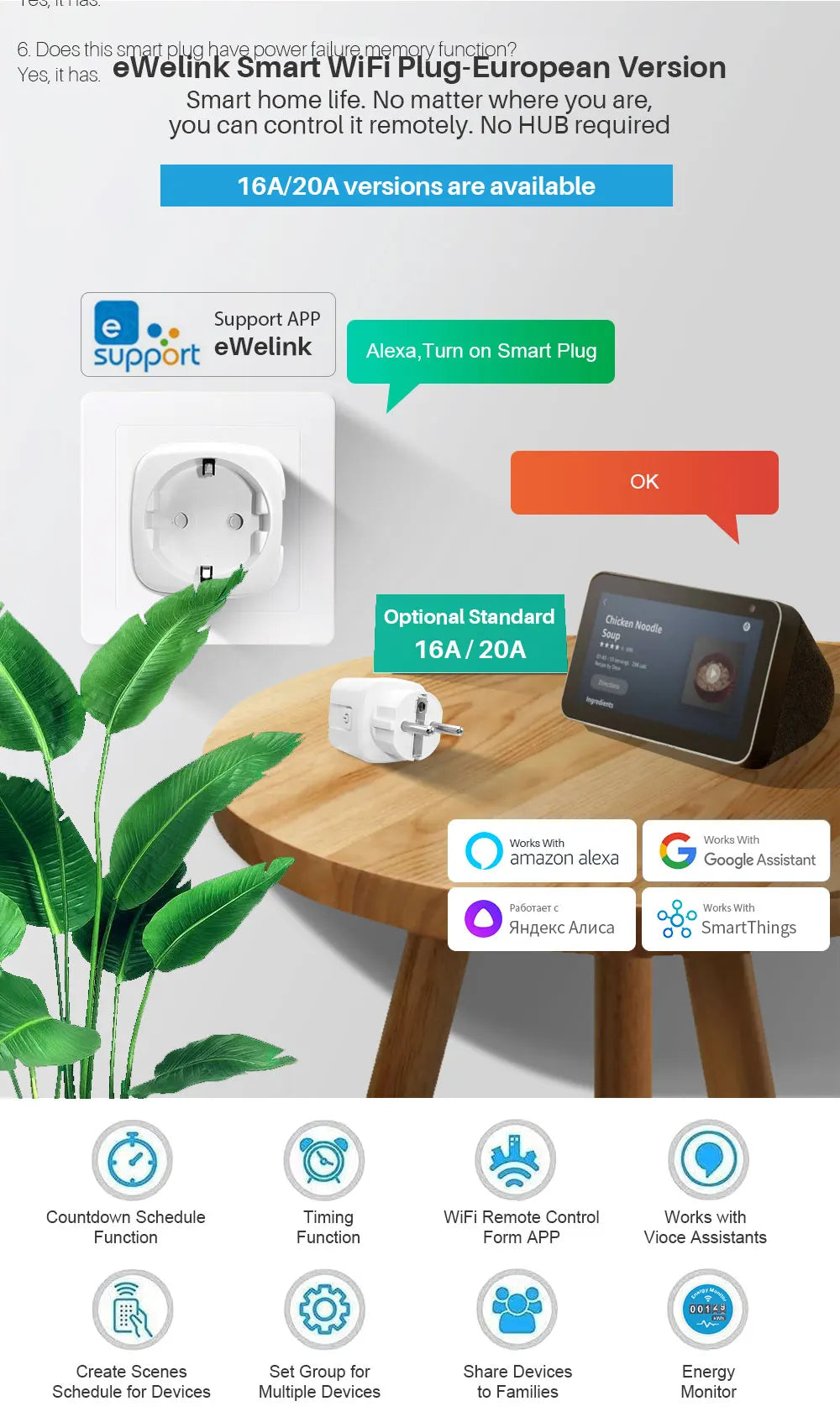 eWelink 16A/20A Smart Plug WiFi EU Socket With Power Monitoring Timing Function Support Alexa Google Home Alice SmartThimgs IFTT