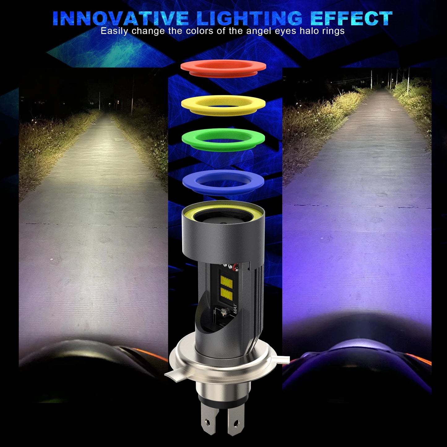 30W LED Headlight Bulb H4 Five Color Halo Ring HS1 P43T Auto Headlight EyeSuper 6000K Csp Plug&Play Motorcycle Bulb 1PC 12/24V
