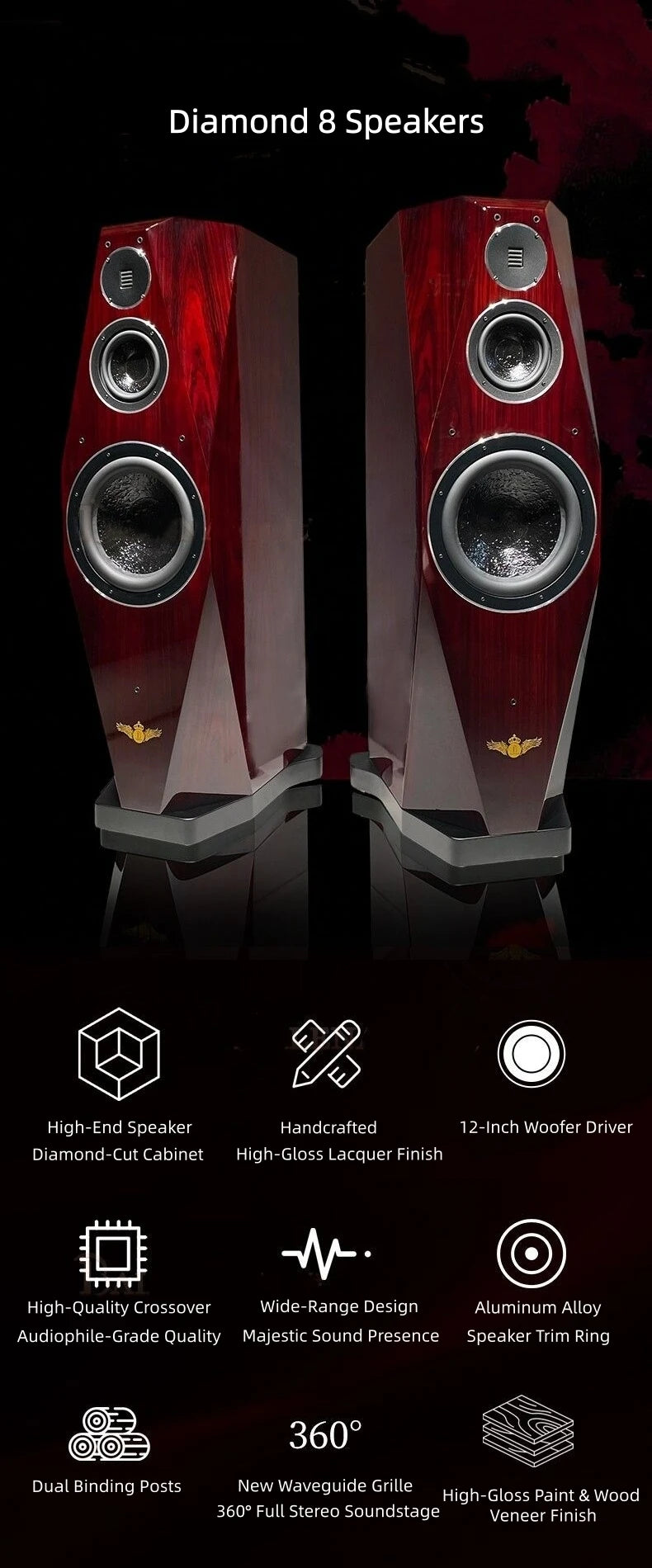 BL-8 Diamond 8 Flagship Hi-Fi Floor Standing Speakers, Audiophile High-End Passive Tower System for Home Audio