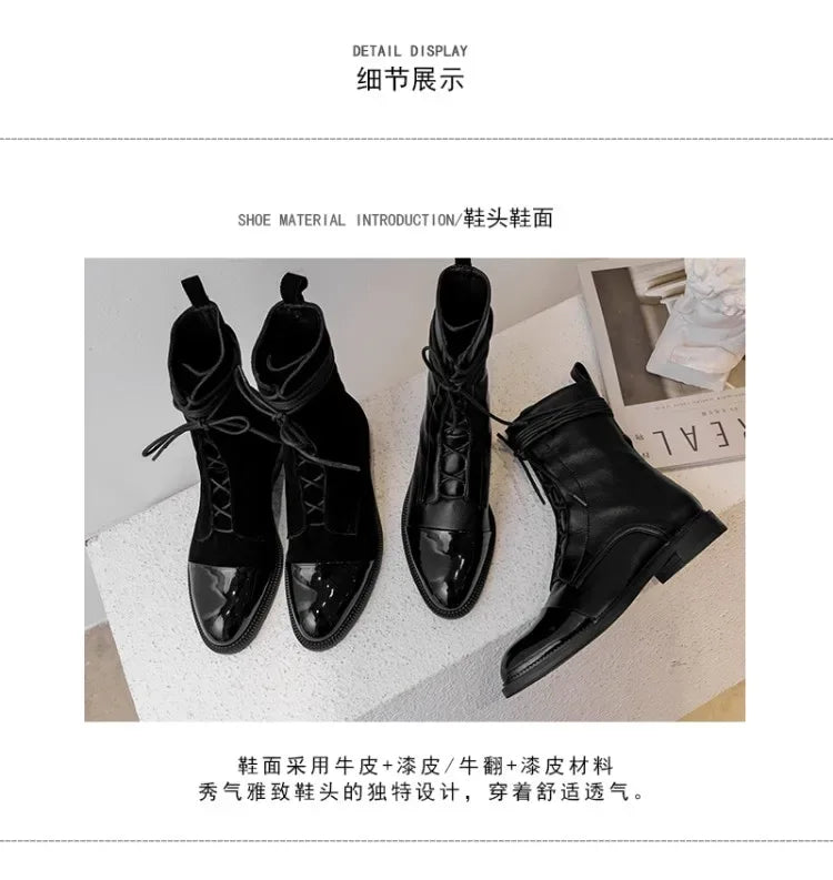 Boots Women's 2023 New Autumn Shoes Single Boots British Style Mid Barrel Slim Boots Children's Black Motorcycle Boots