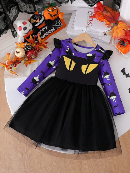 Prowow 2-8Y Kids Purple Halloween Dresses For Girls Long Sleeve Princess Mesh Spooky Spider Dress Children Halloween Costumes