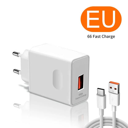 6A 66W Super Fast EU US Wall Charger Adapter 6A Type-C Cable For Huawei Mate 40 50 60 P50 Nova8 9 10 Honor 90 100 X7 X8 X9 Magic