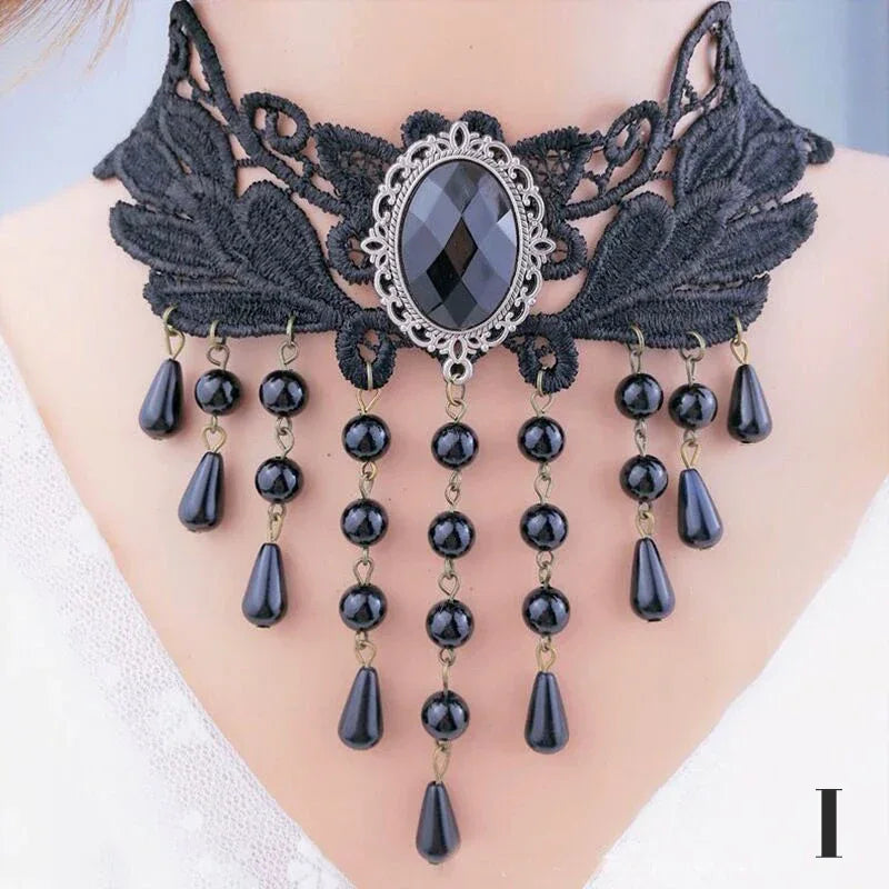 Gothic Victorian Black Lace Necklace Women Girl Boho Crystal Tassel Sexy Lace Choker Steampunk Dark Loli Style Halloween Jewelry