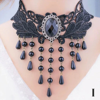 Gothic Victorian Black Lace Necklace Women Girl Boho Crystal Tassel Sexy Lace Choker Steampunk Dark Loli Style Halloween Jewelry