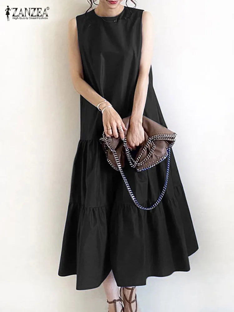 2025 ZANZEA Women Summer Dresses Stylish Sleeveless Ruffles Hem Sundress Casual A-line Holiday Beach Vestido Elegant Party Dress