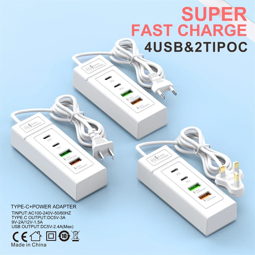 4Ports USB Fast Charger Station USB Multi Splitter Adapter USB C Expander Portable Travel Charger For iPhone Xiaomi Mobile Phone