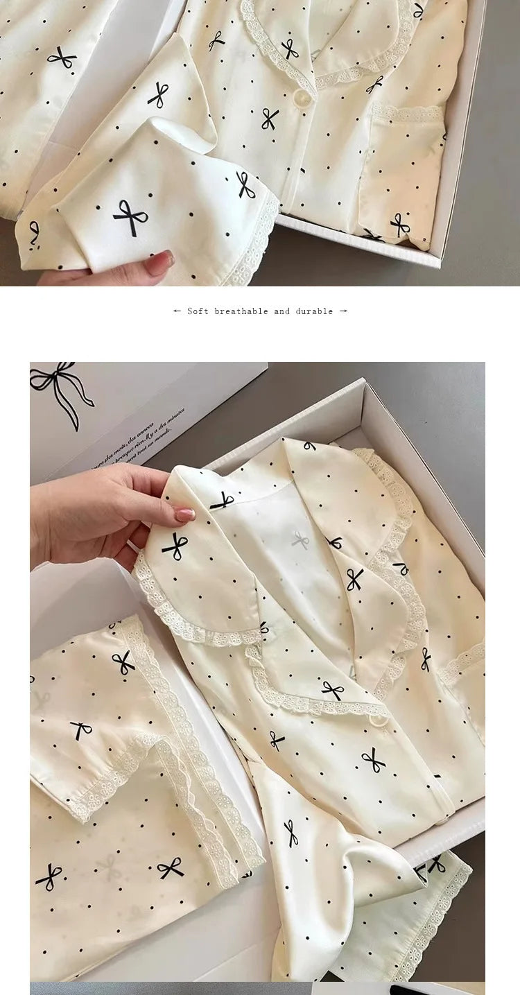 French-Inspired Chic, High-Fashion Aesthetic Instagram-Worthy Bow-Adorned Ice-Silk Lace-Trimmed Long-Sleeved Trouser Pyjamas