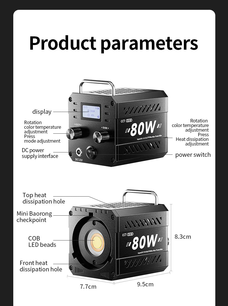 ZU80 COB camera light 80W LED fill light 2500K~6500K dual-color mini Bowens portable outdoor live lighting CRI≥96 TLCI≥97