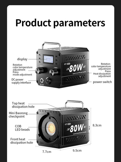 ZU80 COB camera light 80W LED fill light 2500K~6500K dual-color mini Bowens portable outdoor live lighting CRI≥96 TLCI≥97