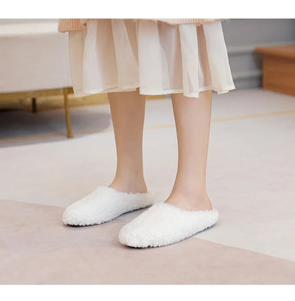 Big Size 43 Women Lambswool Slippers Winter Sheep Fur Shoes Ladies Flat Cotton Slides Home Pantuflas Daily Slip On Furry Mules