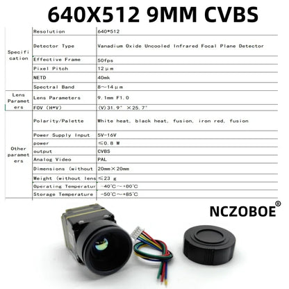 NCZOBOE 9.7mm Drone thermal imaging lens 256/384 Suitable for FPV and fixed-wing UAV FPV Camera Kit for plane CVBS