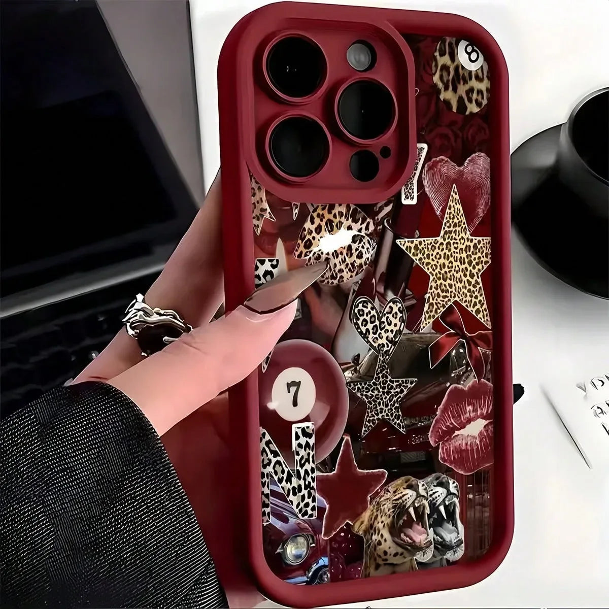 Burgundy Leopard Lips Pool Ball English Printed Phone Case For iPhone 17 16 15 14 13 12 11 Pro Max XS XR X 16 Plus 17 Air Cover