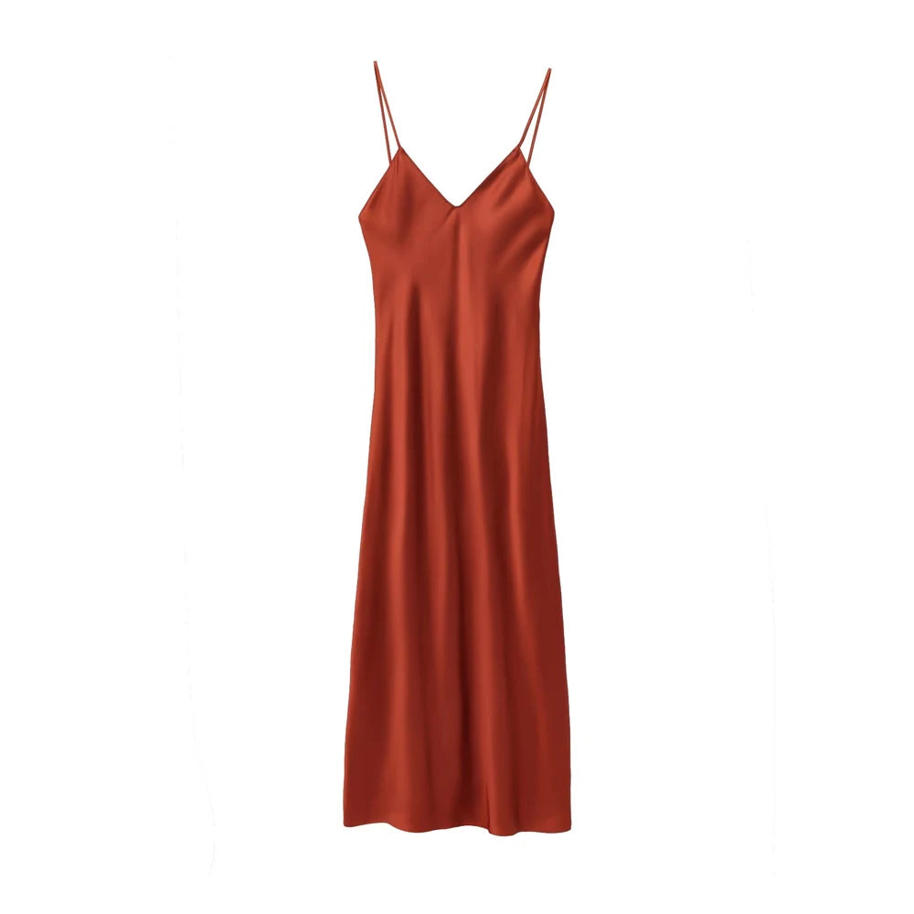 Women's Satin Midi Dress, V Neck, Thin Straps, Backless, Female Dresses, Sexy Fashion