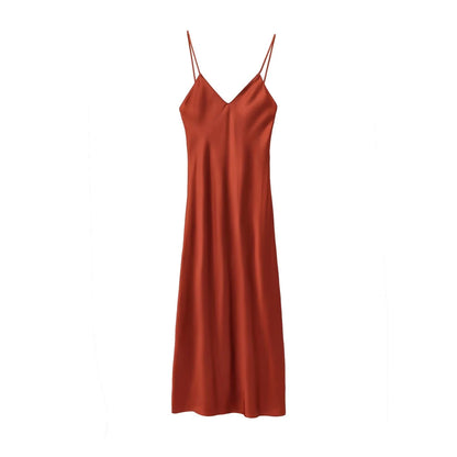 Women's Satin Midi Dress, V Neck, Thin Straps, Backless, Female Dresses, Sexy Fashion