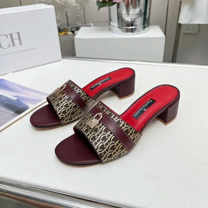CH Brand Metal Buckle Embossed Sandals With Block Heels Open Toe Design Comfortable And Stylish Outdoor Slippers