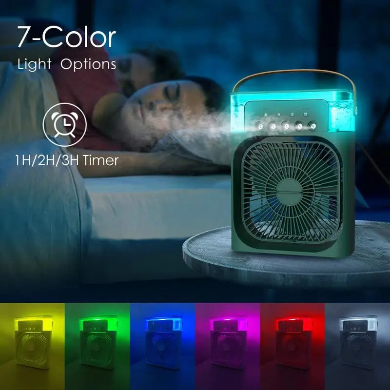 Portable Mini Air Cooler Humidifier Fan 3 Speed Mist Spray 7 Color LED 1/2/3 Hour Timer USB Desk Fan for Home Office Travel