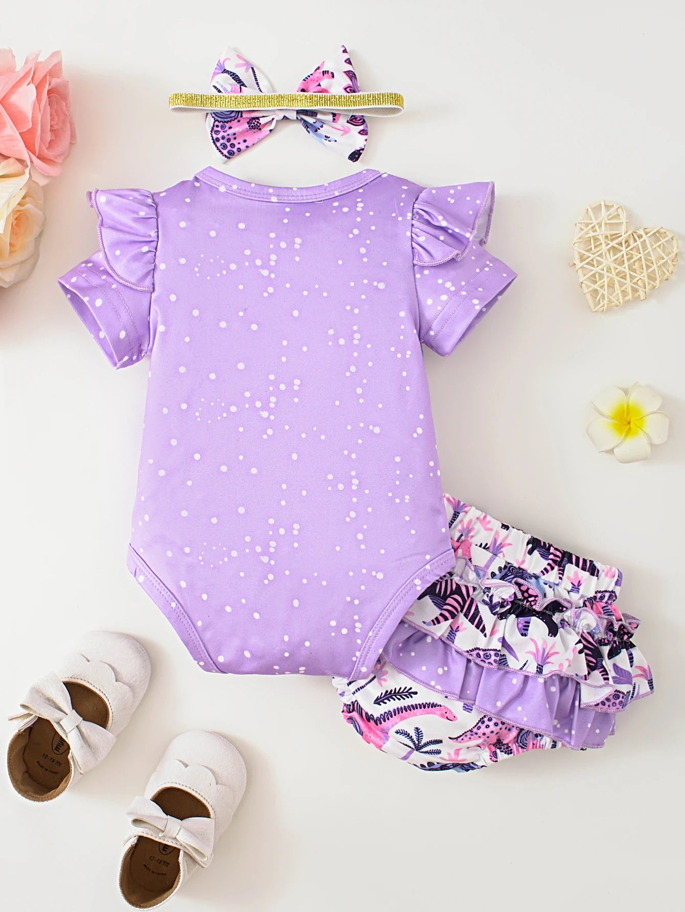 Cute Baby Casual Floral Butterfly Headband Short-Sleeve Romper and Shorts 3-Piece Set