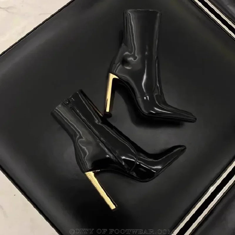 Pointed Toe Black Patent Leather Knee High Boots Zip Gold Heeled Sexy Women 2023 Winter New Tall Boot Luxury Designer Shoes