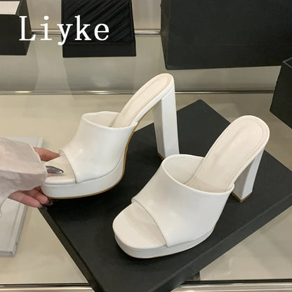 Liyke Sexy Thick High Heels Platform Slippers Black White Cozy PU Leather Open Toe 12CM Women Shoes Sandals Pumps Zapatos Mujer