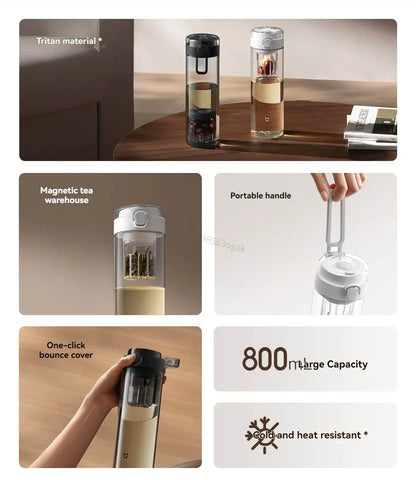 2025 Mijia Magnetic Tea Warehouse Cup Portable 800ml Tritan One-touch Pop-up Lid Water Bottle Tea Filtration Water Cup