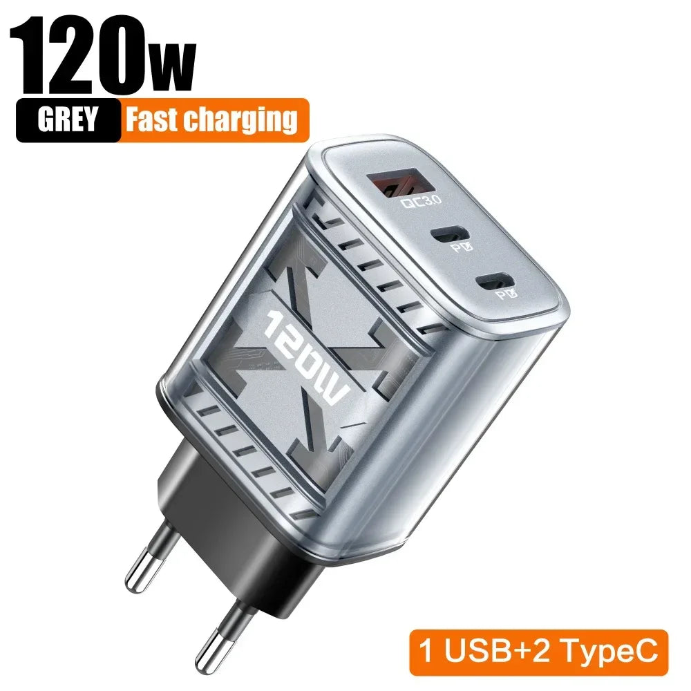 Total 120W USB C PD Charger QC 3.0 Type C Fast Charging Phones Wall Adapter for iPhone 16 Samsung Xiaomi POCO 3 In 1 USB Charger