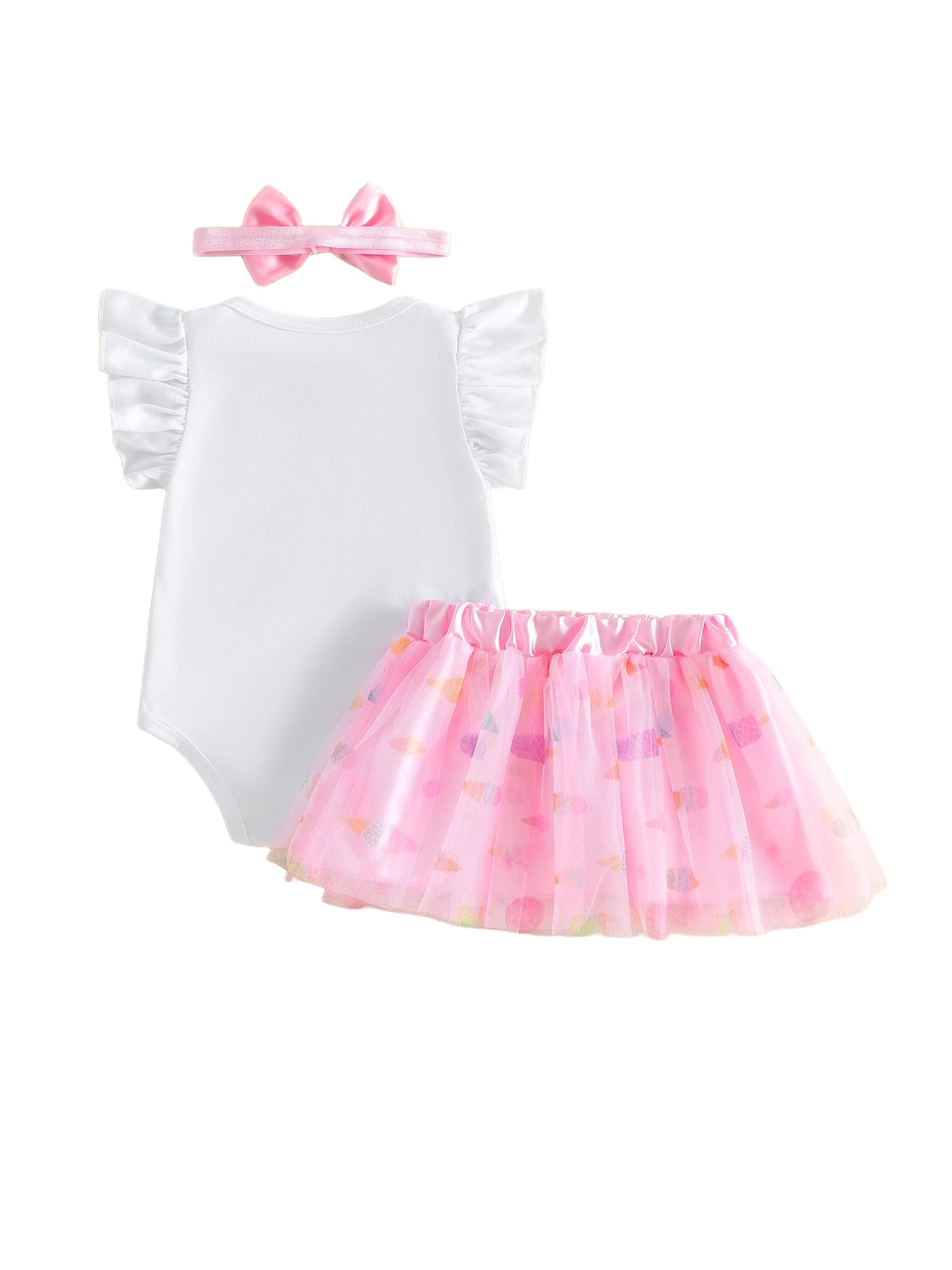 3Pcs Infant Girl Outfit Crew Neck Flying Sleeve Summer Themed Ice Cream Print Romper Tulle Skirt Headband Set