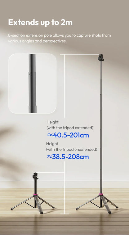 Ulanzi MT-89 2M Quick-Release Light Stand with Cold Shoe Mount 8-Section Extend for Action Camera Phone Clamp Photograph Tripod